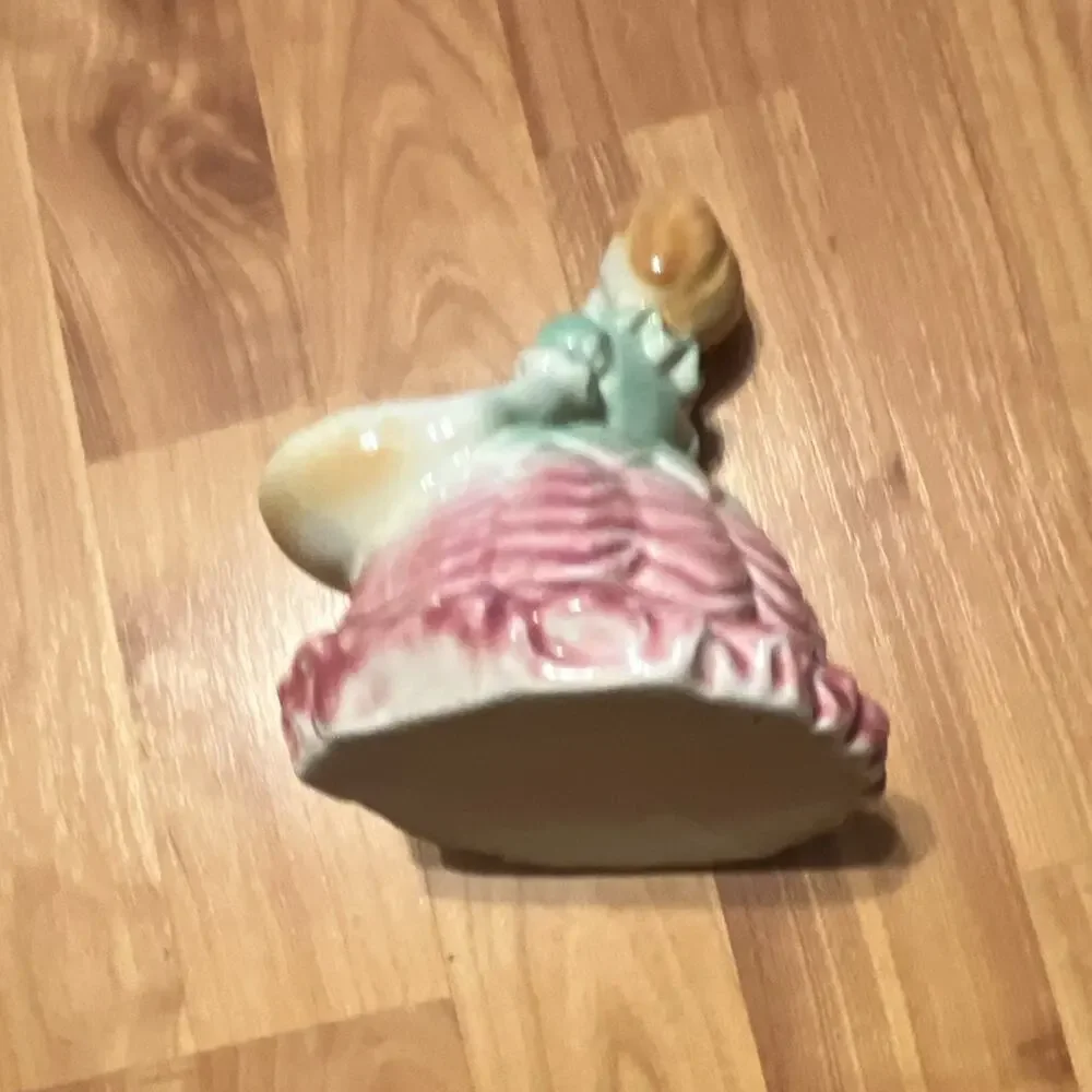 Vintage Ceramic Woman Figurine Bud Vase, Green Dress Pink Base, Small Gloss 6 in